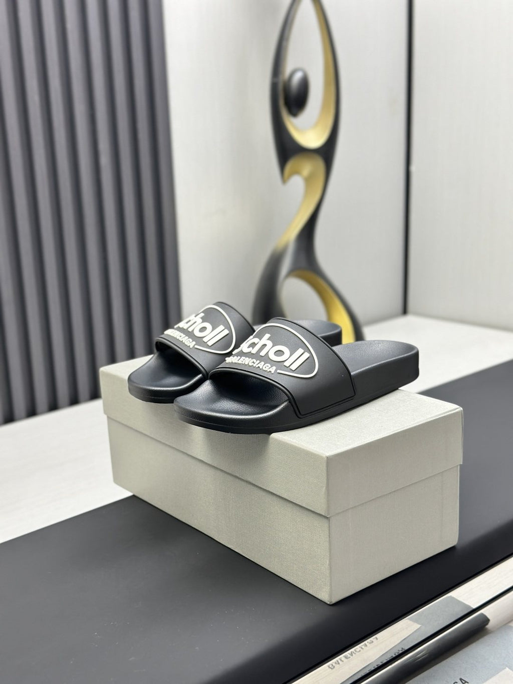 Black Logo Strap Slide Sandals — hero