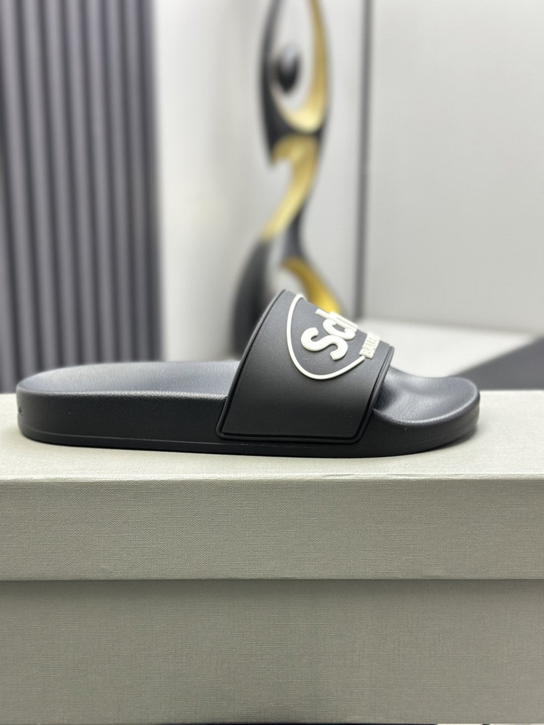 Black Logo Strap Slide Sandals — side
