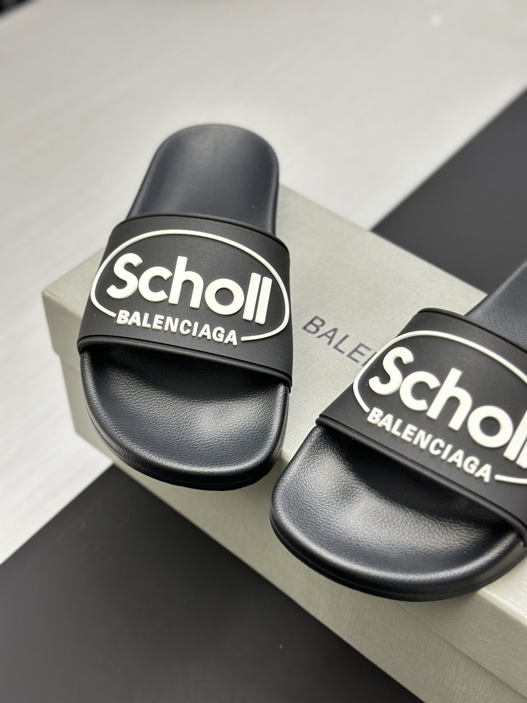 Black Logo Strap Slide Sandals — detail
