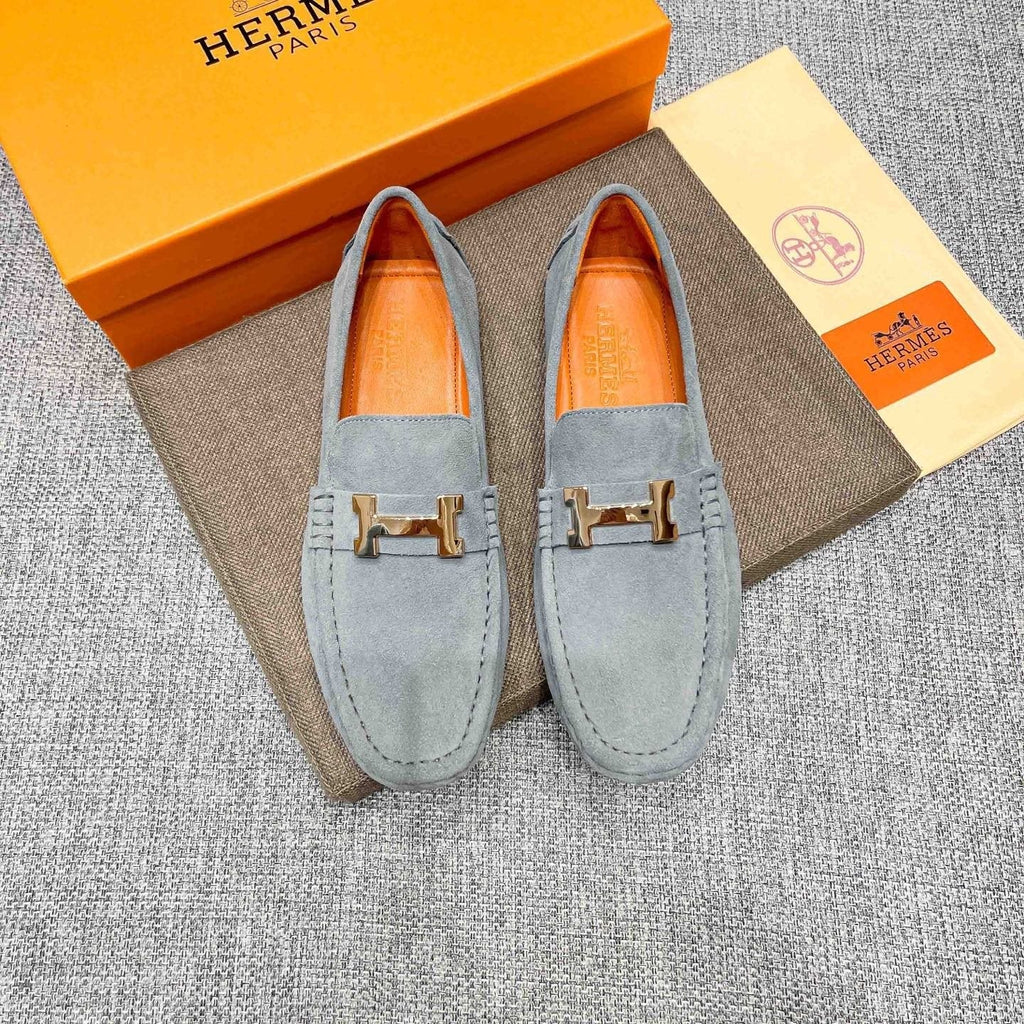 Hermès Light Gray Suede Driving Loafers — front