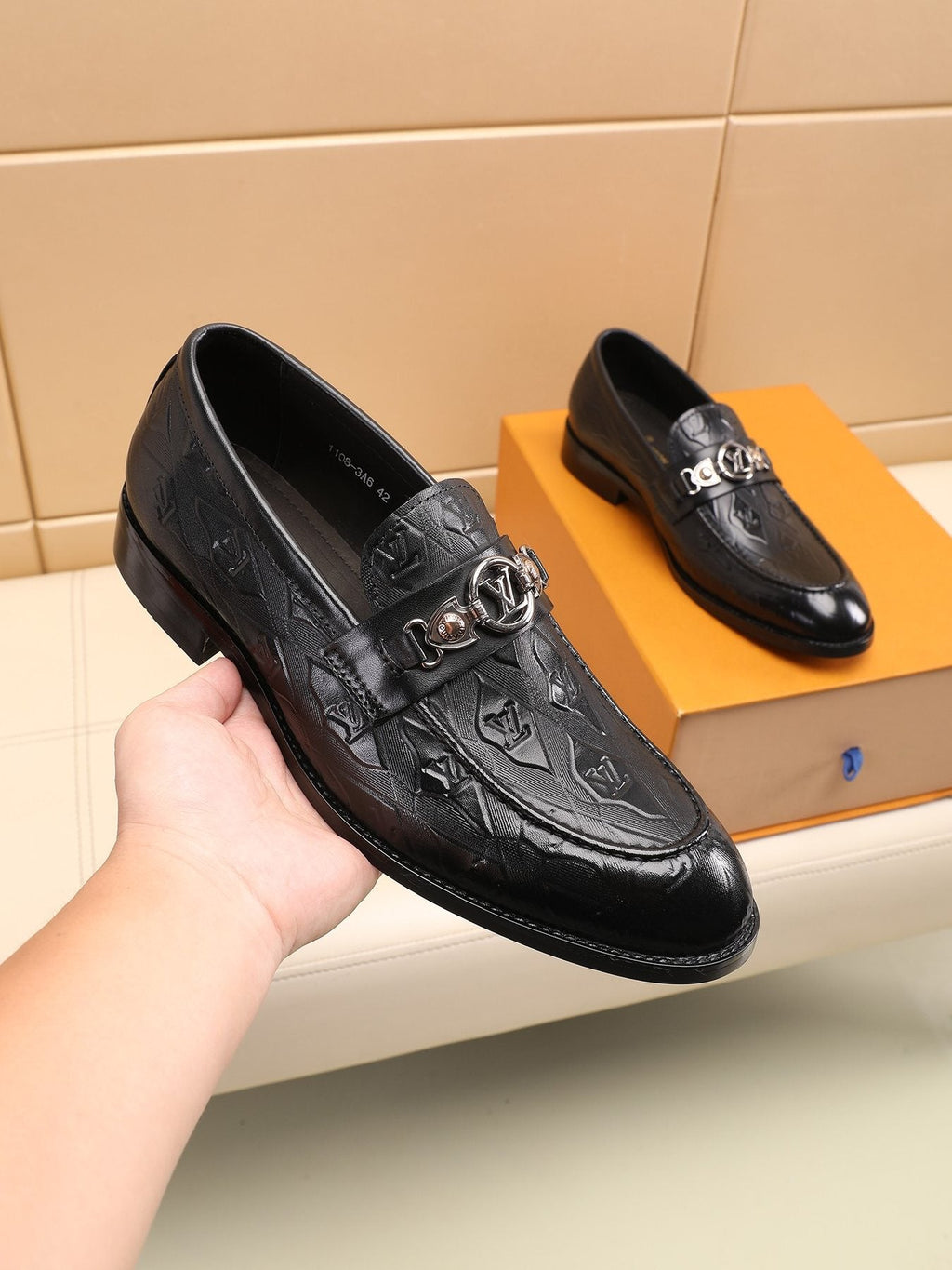 Louis Vuitton Black Embossed Loafers — model