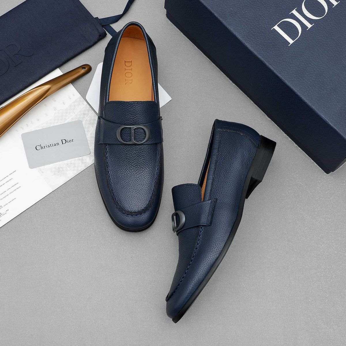 Dior Navy Blue Pebbled Leather Loafers — side
