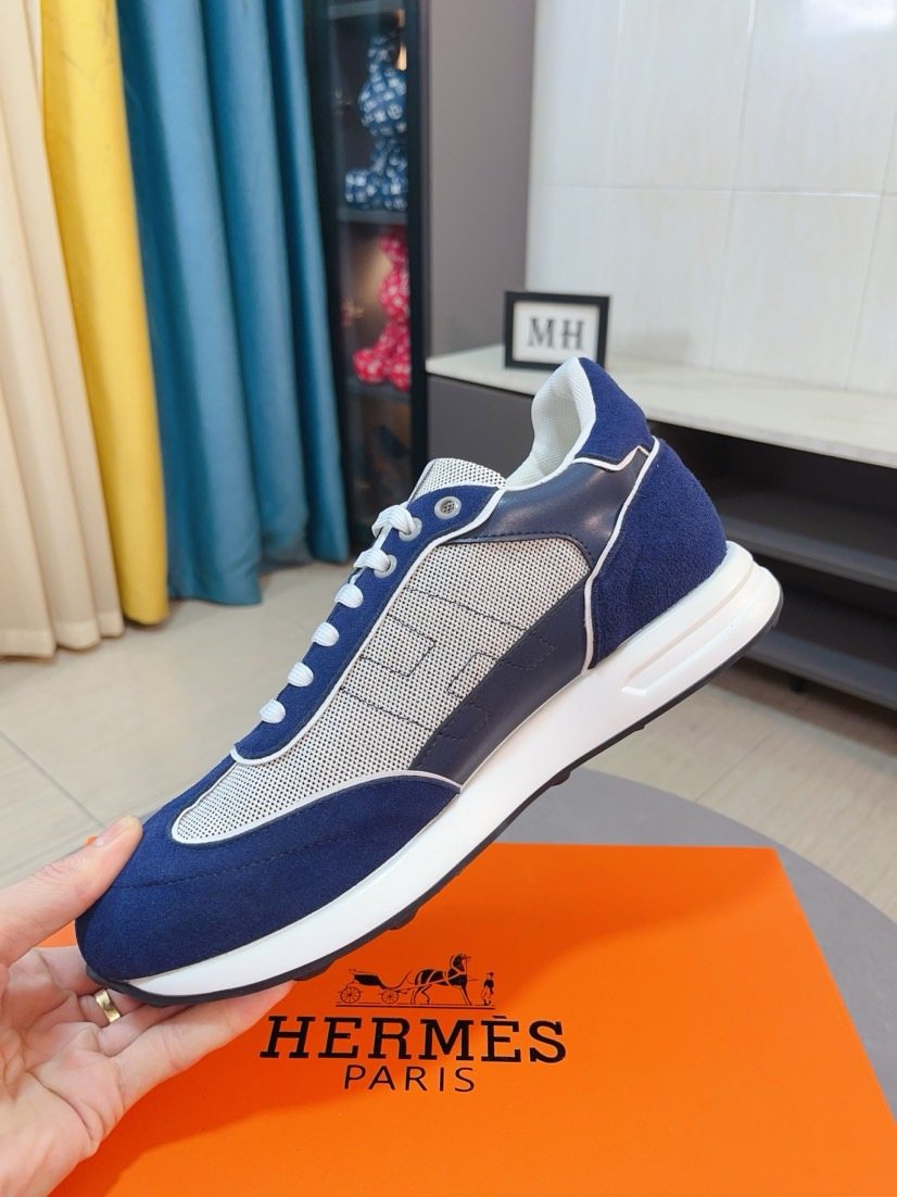 Hermès Navy Blue H-Detail Low-Top Sneakers — side