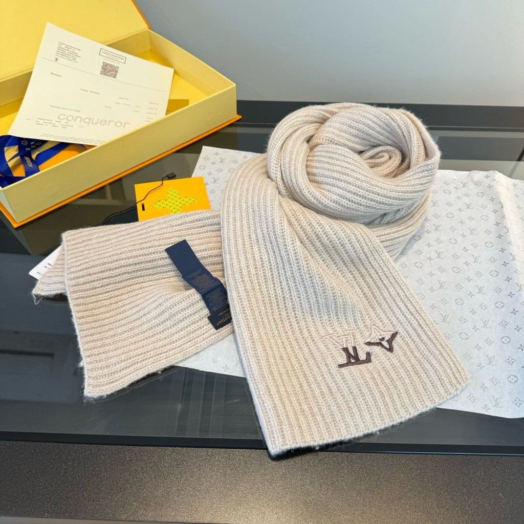 Louis Vuitton Cream Beige Beanie & Scarf Set — front