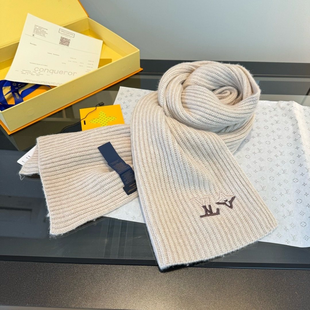 Louis Vuitton Cream Beige Beanie & Scarf Set — front