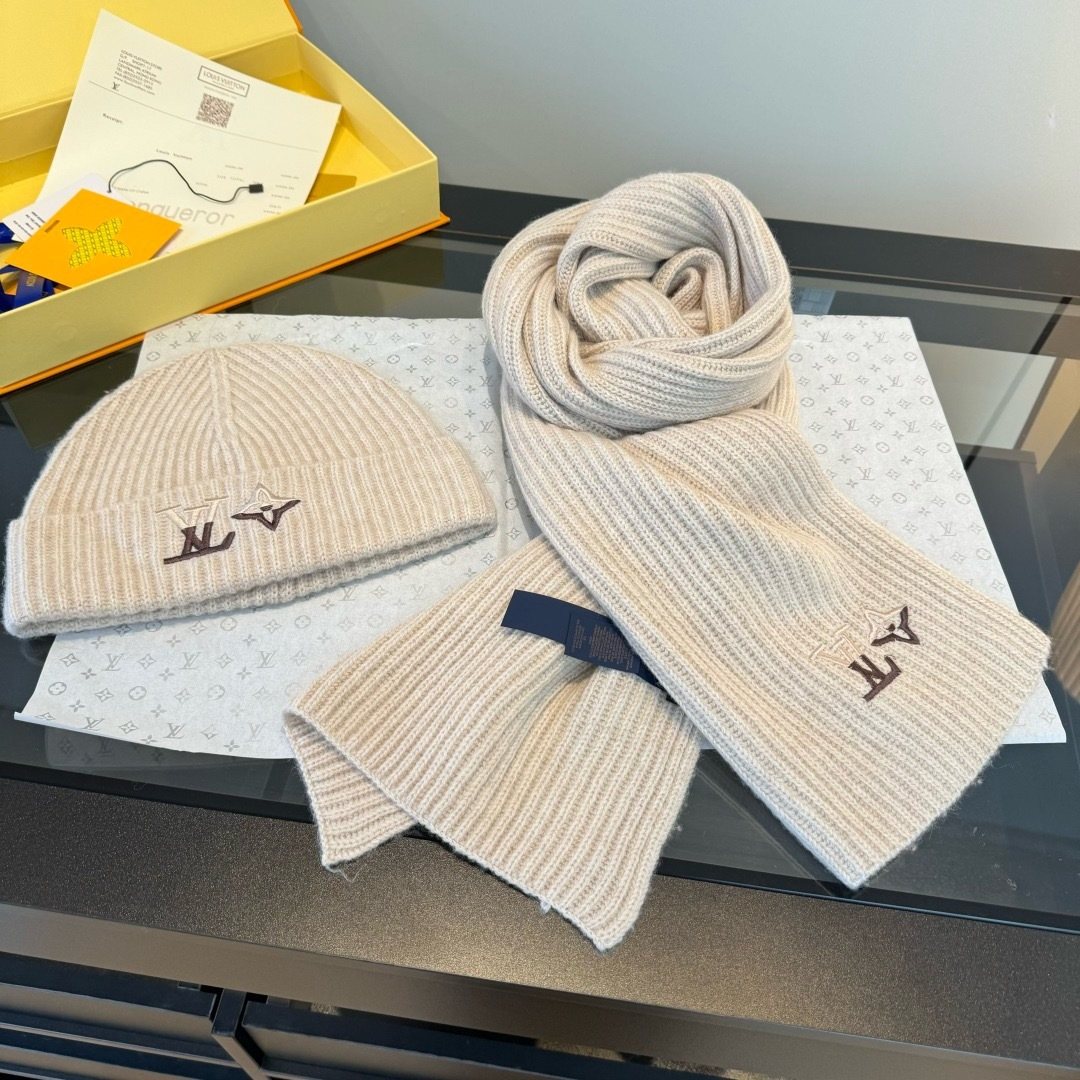 Louis Vuitton Cream Beige Beanie & Scarf Set — front
