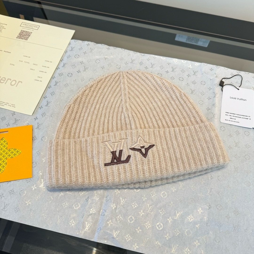 Louis Vuitton Cream Beige Beanie & Scarf Set — front