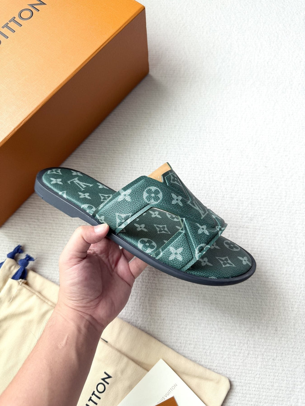 Louis Vuitton Dark Teal Monogram Slide Sandals — model