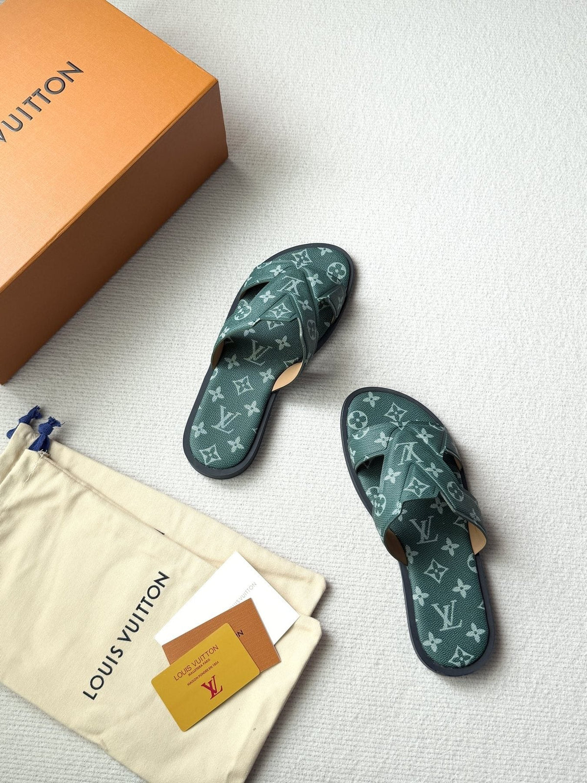 Louis Vuitton Dark Teal Monogram Slide Sandals — side