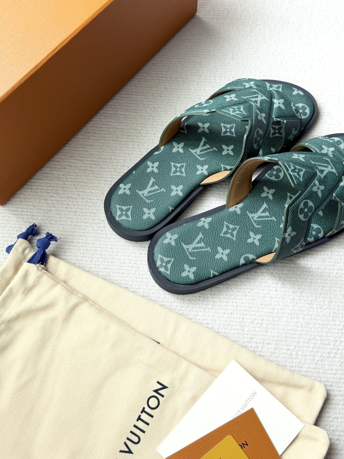 Louis Vuitton Dark Teal Monogram Slide Sandals — front