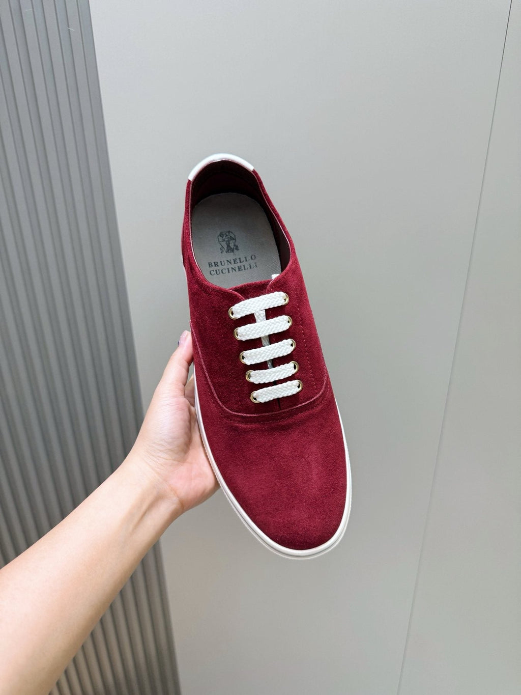 Brunello Cucinelli Burgundy Suede Low-Top Sneakers — model