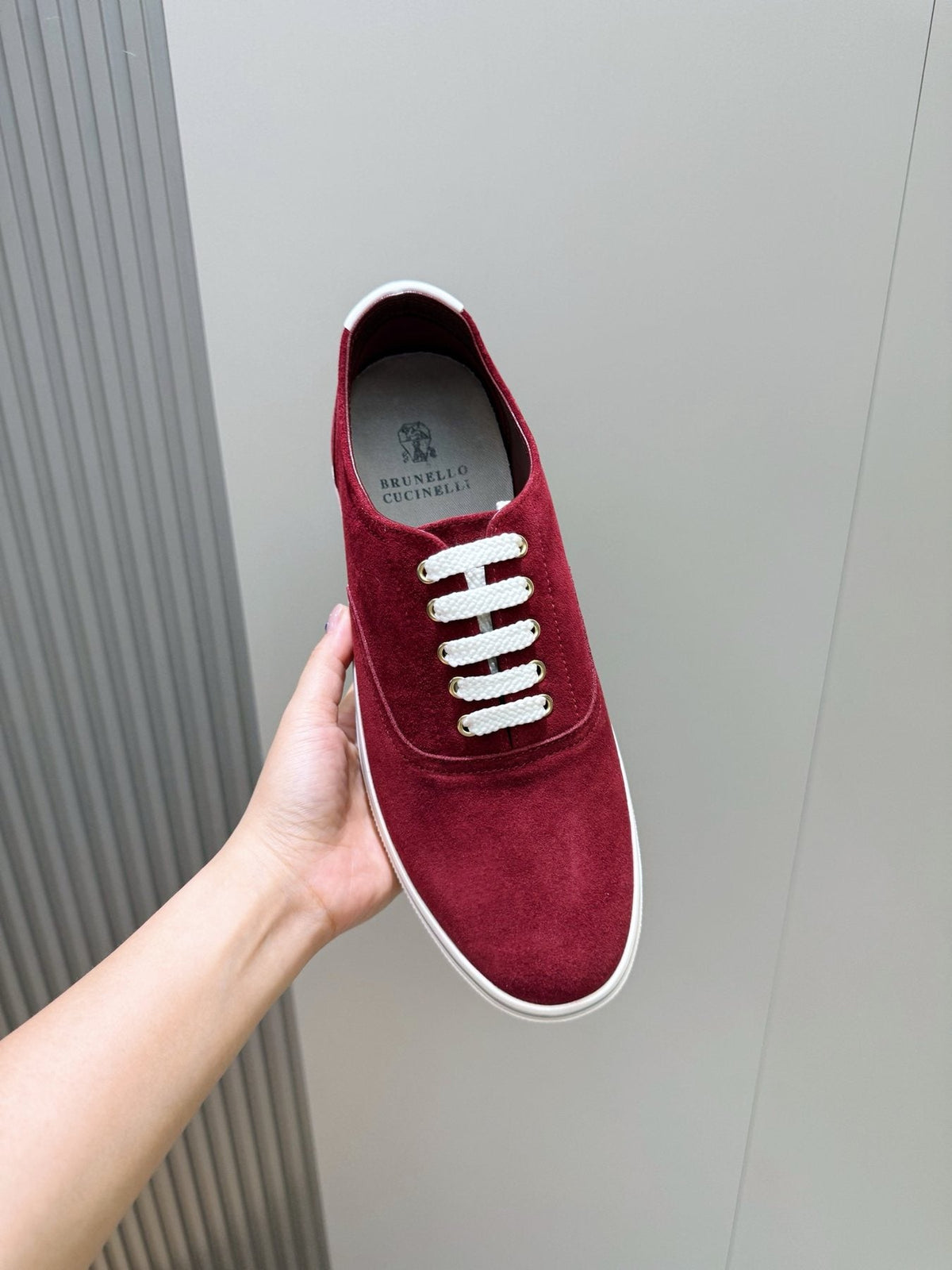 Brunello Cucinelli Burgundy Suede Low-Top Sneakers — model
