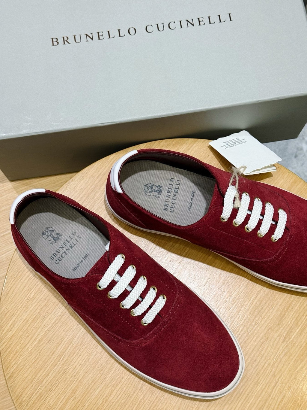 Brunello Cucinelli Burgundy Suede Low-Top Sneakers — detail