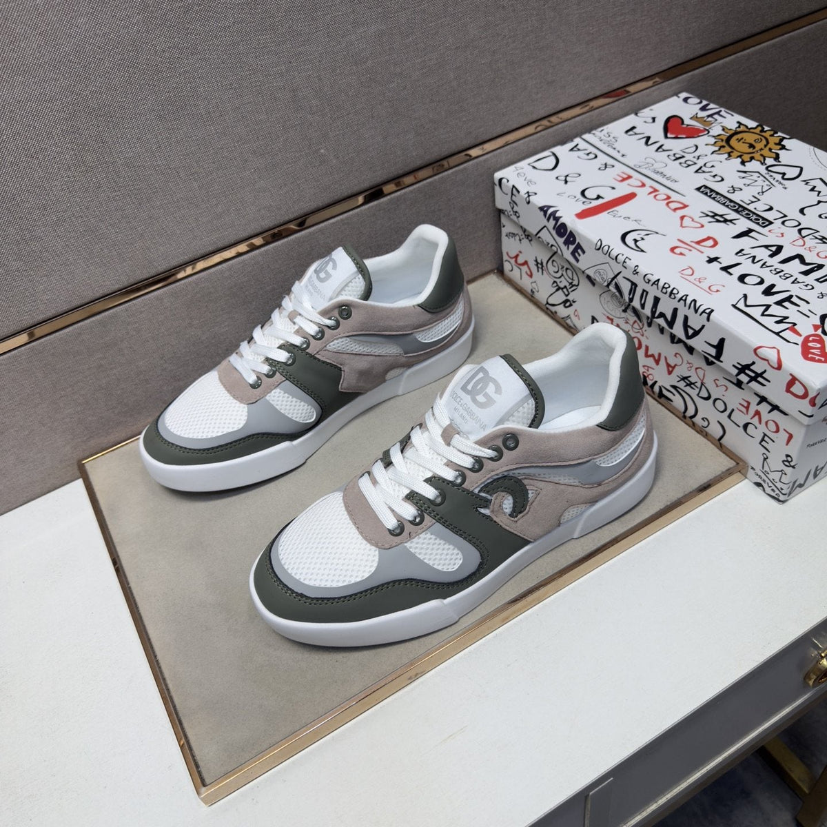 Dolce & Gabbana White, Olive & Taupe Sneakers — front