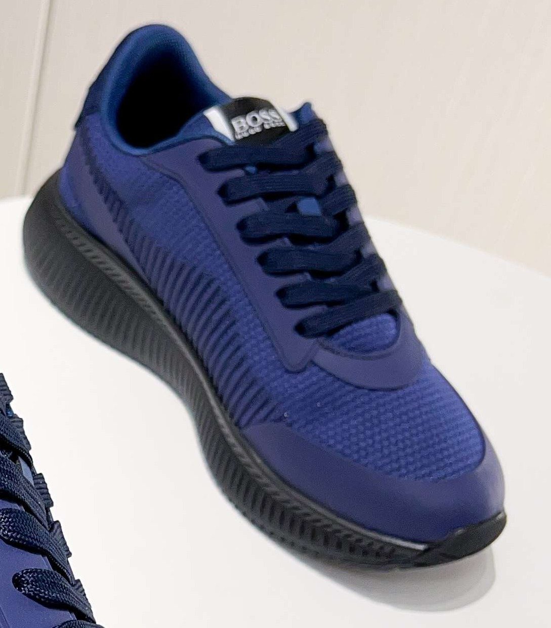 BOSS Navy Blue Knit Running Shoes — front