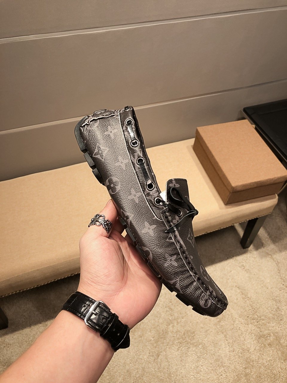 Louis Vuitton Dark Gray Monogram Bow Loafers — side