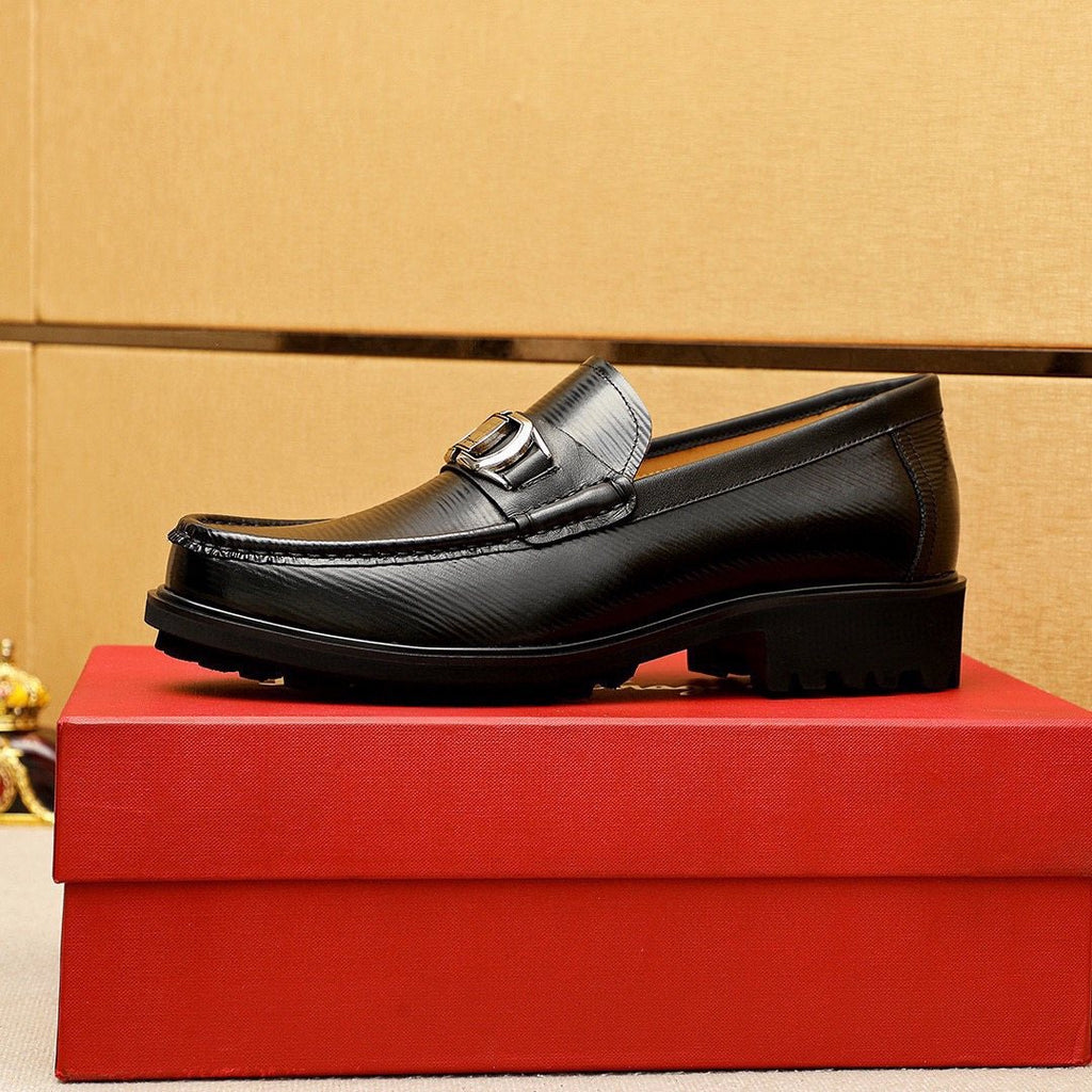 Ferragamo Black Textured Buckle Loafers — side