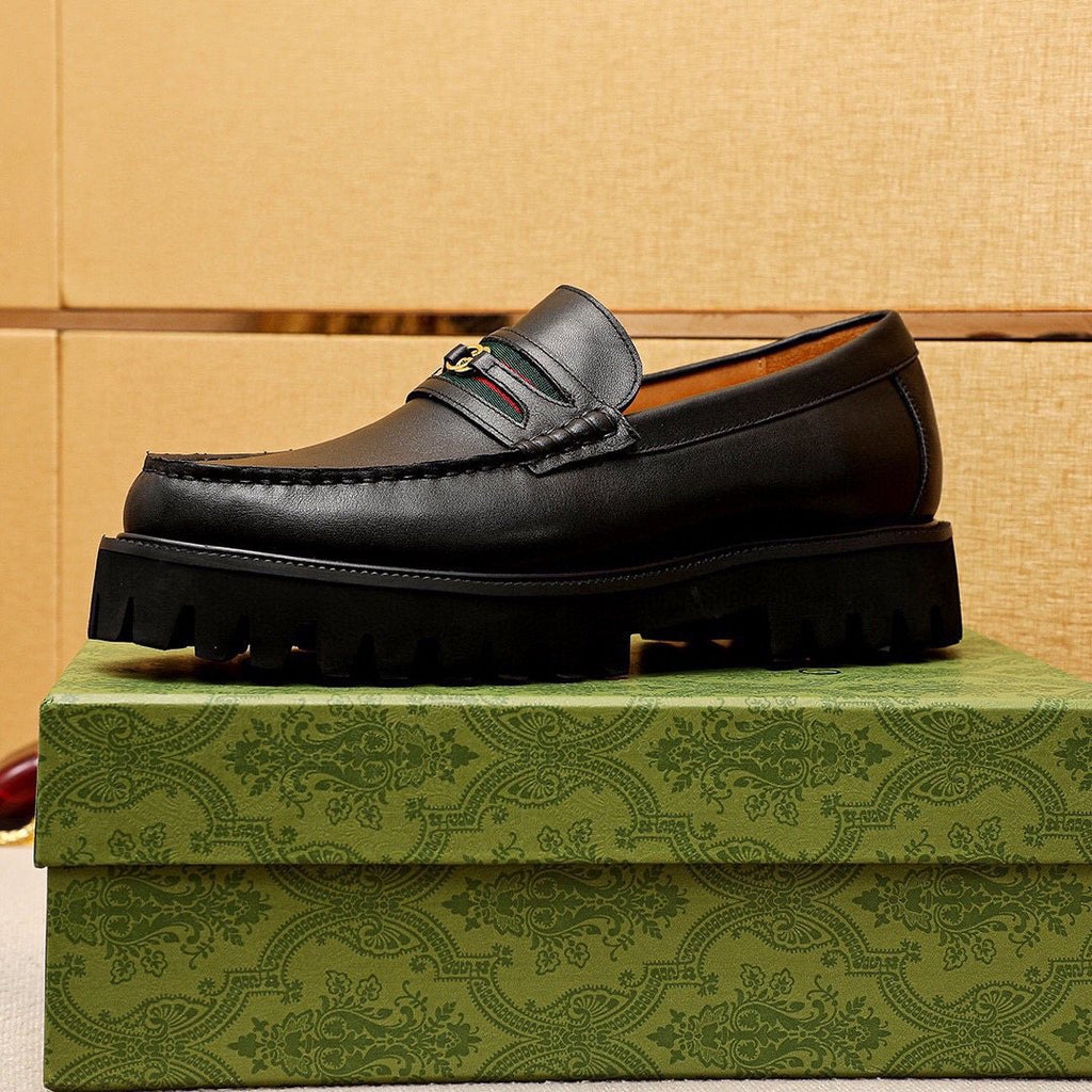 GUCCI Black Web-Accent Loafers — side