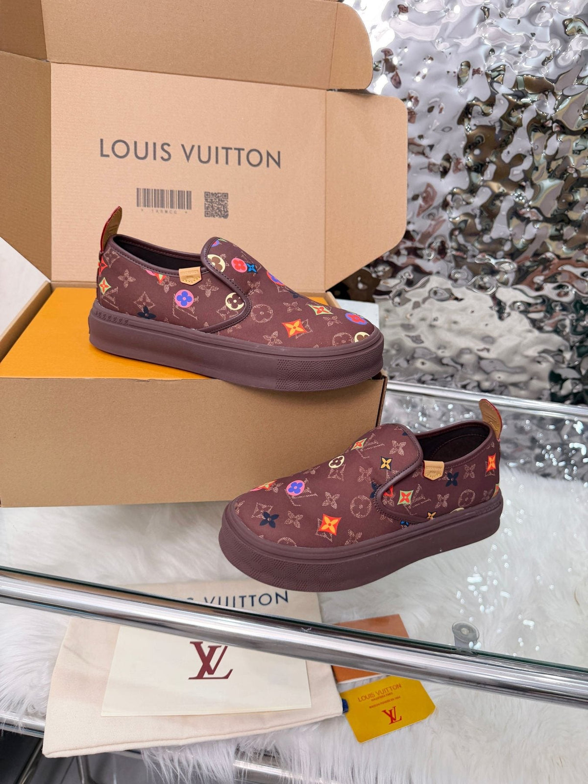 Louis Vuitton Dark Brown Multicolor Motif Slip-On Shoes — front