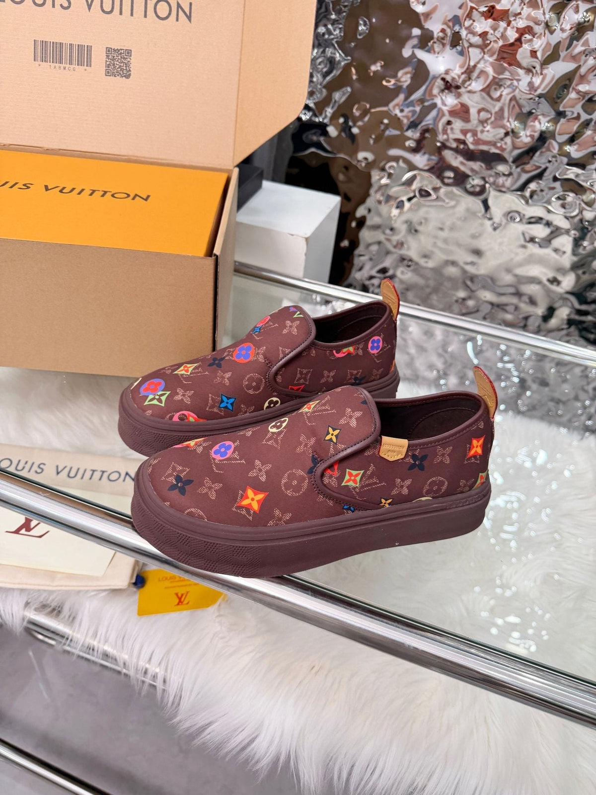 Louis Vuitton Dark Brown Multicolor Motif Slip-On Shoes — side