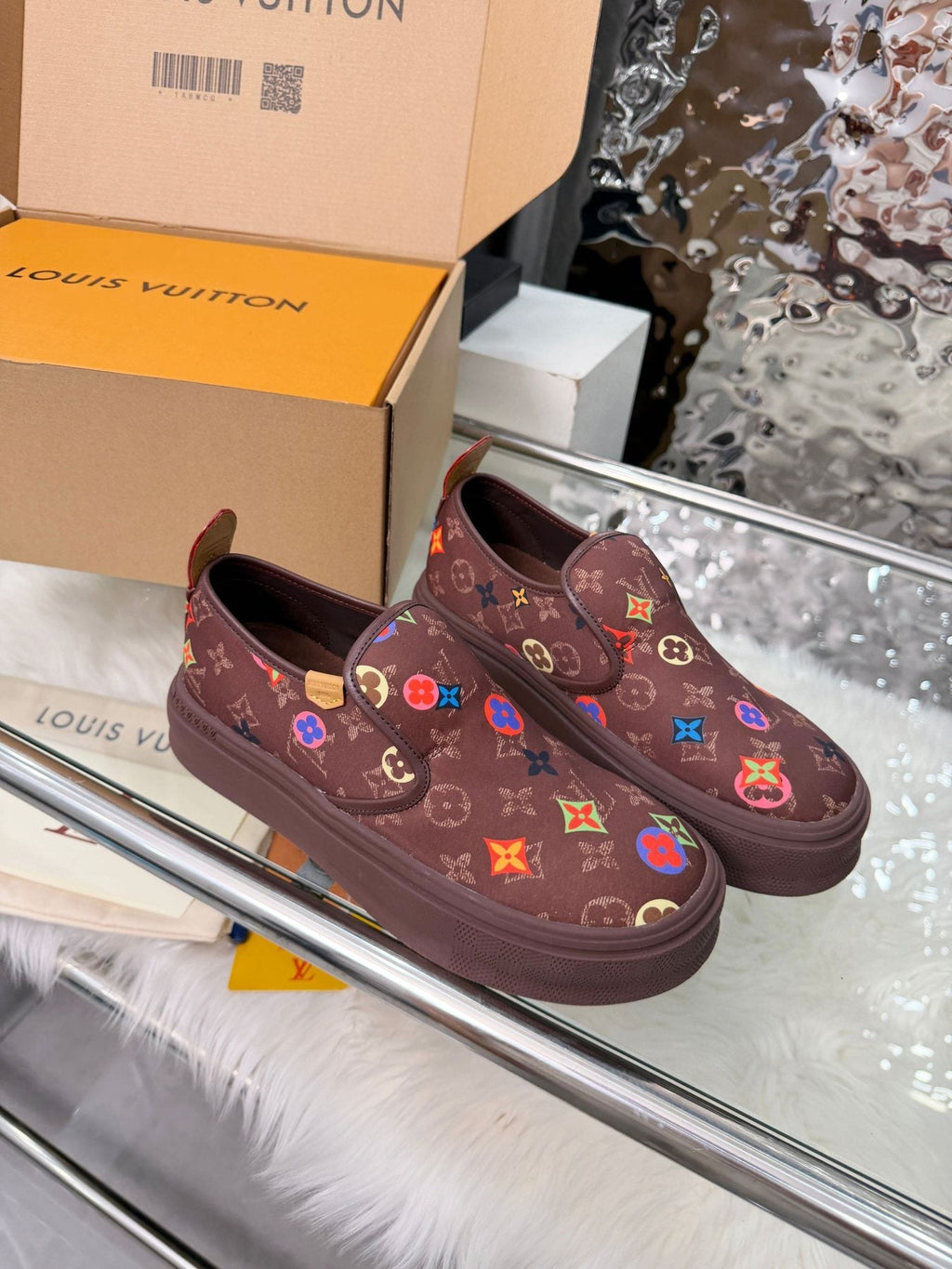 Louis Vuitton Dark Brown Multicolor Motif Slip-On Shoes — side