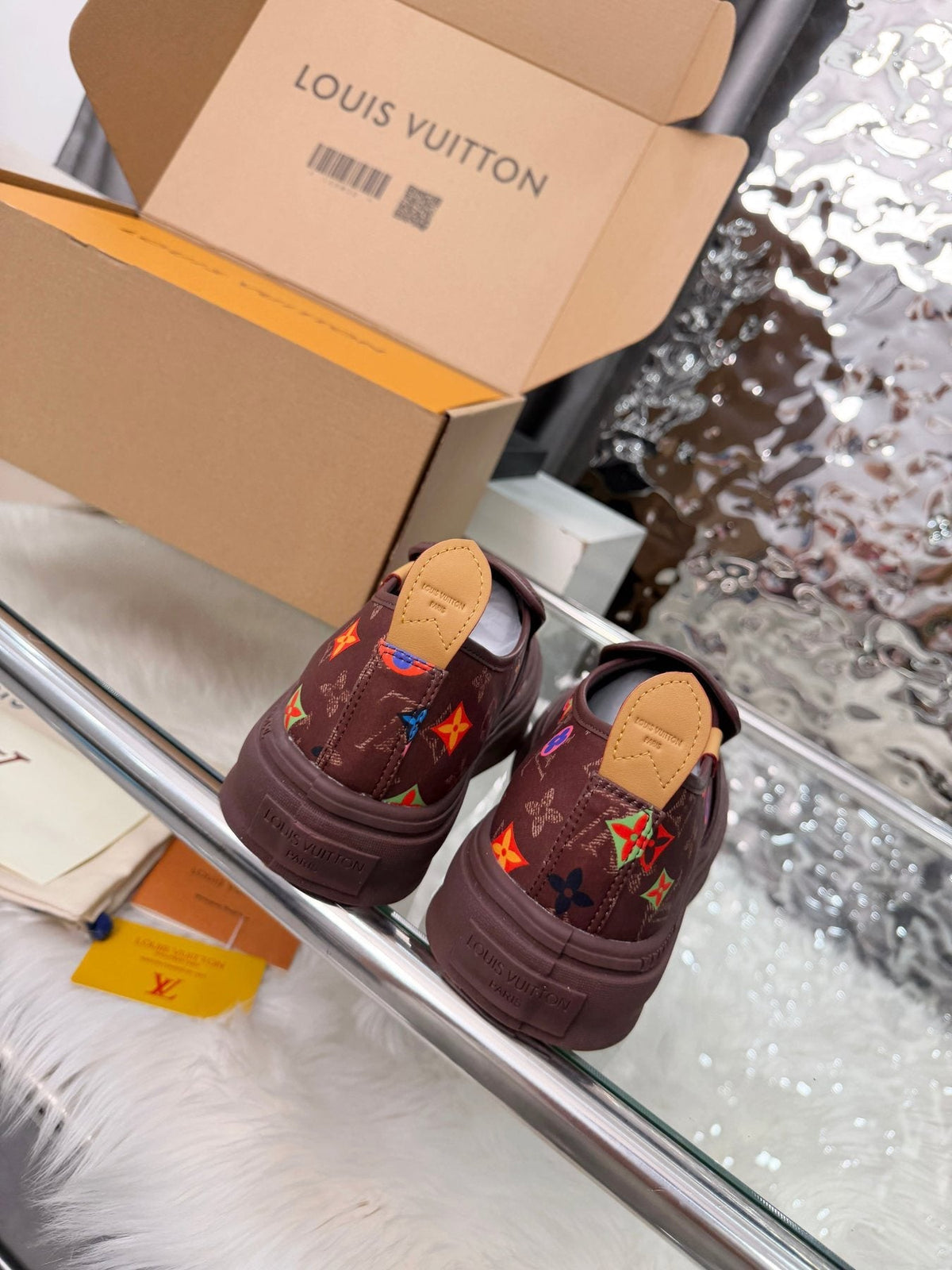 Louis Vuitton Dark Brown Multicolor Motif Slip-On Shoes — back