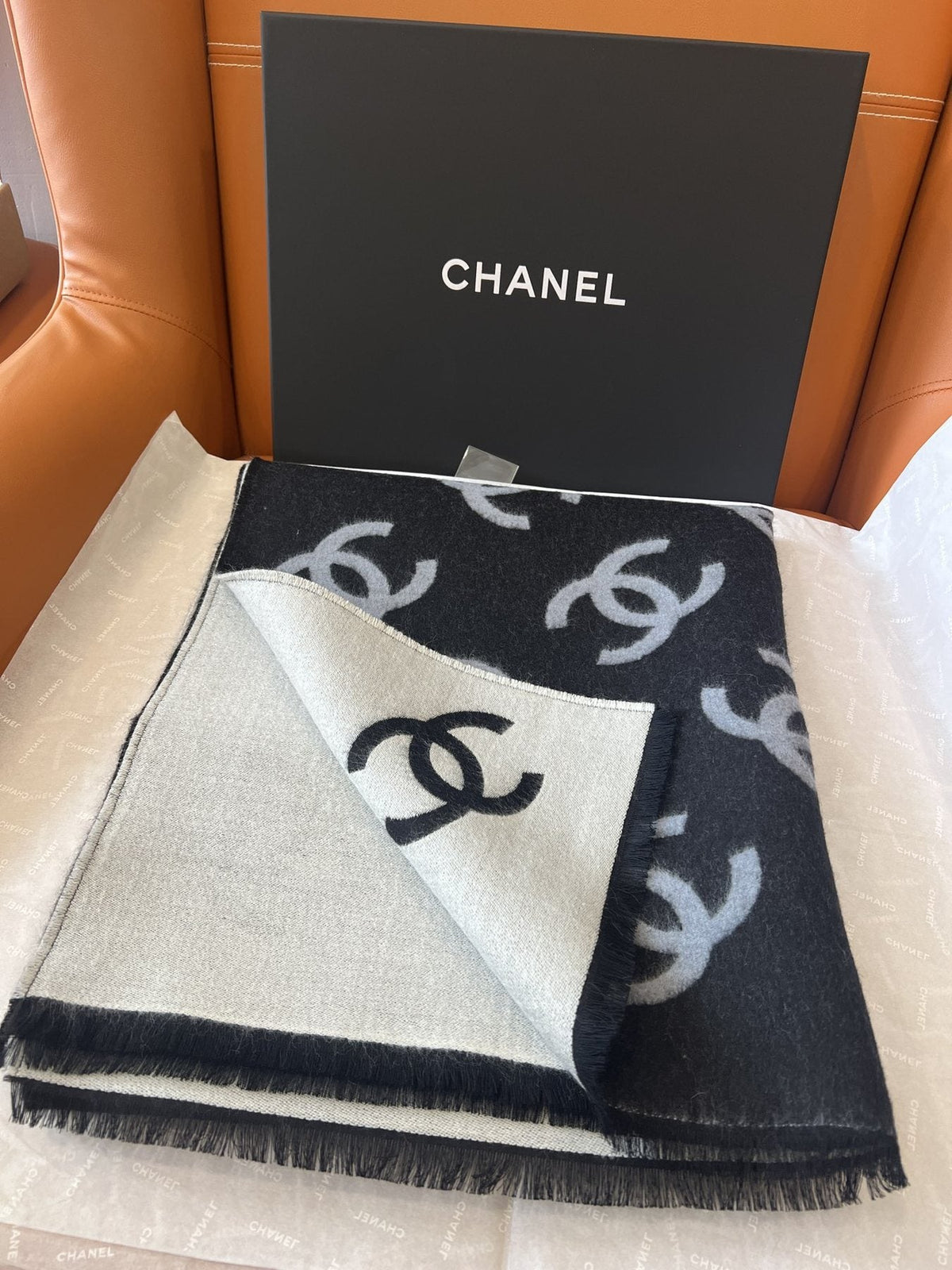 Chanel Reversible Black and Ivory Scarf — front