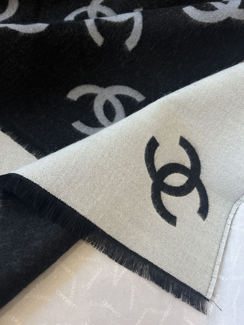Chanel Reversible Black & Ivory Motif Shawl — detail
