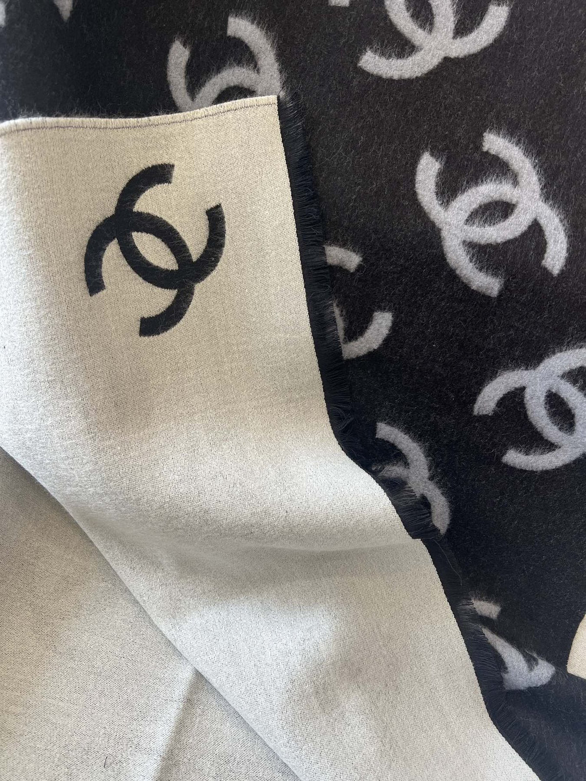Chanel Reversible Black & Ivory Motif Shawl — detail