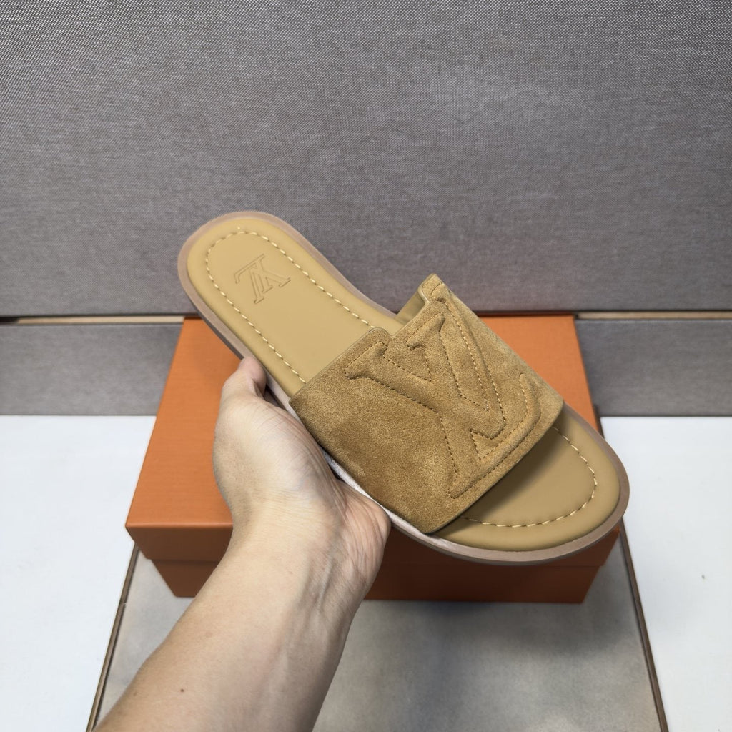 Louis Vuitton Tan Monogram Slide Sandals — model