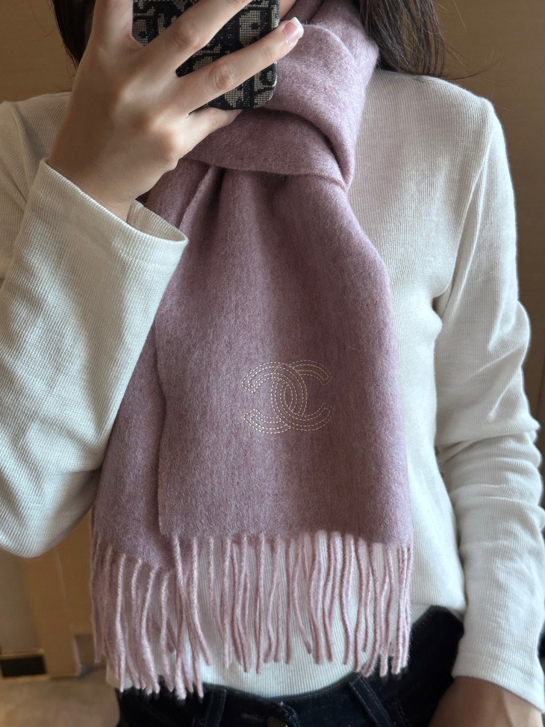 Chanel Fringed Logo Scarf — model