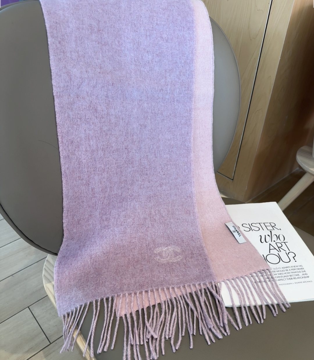 Chanel Two-Tone Fringed Scarf — detail