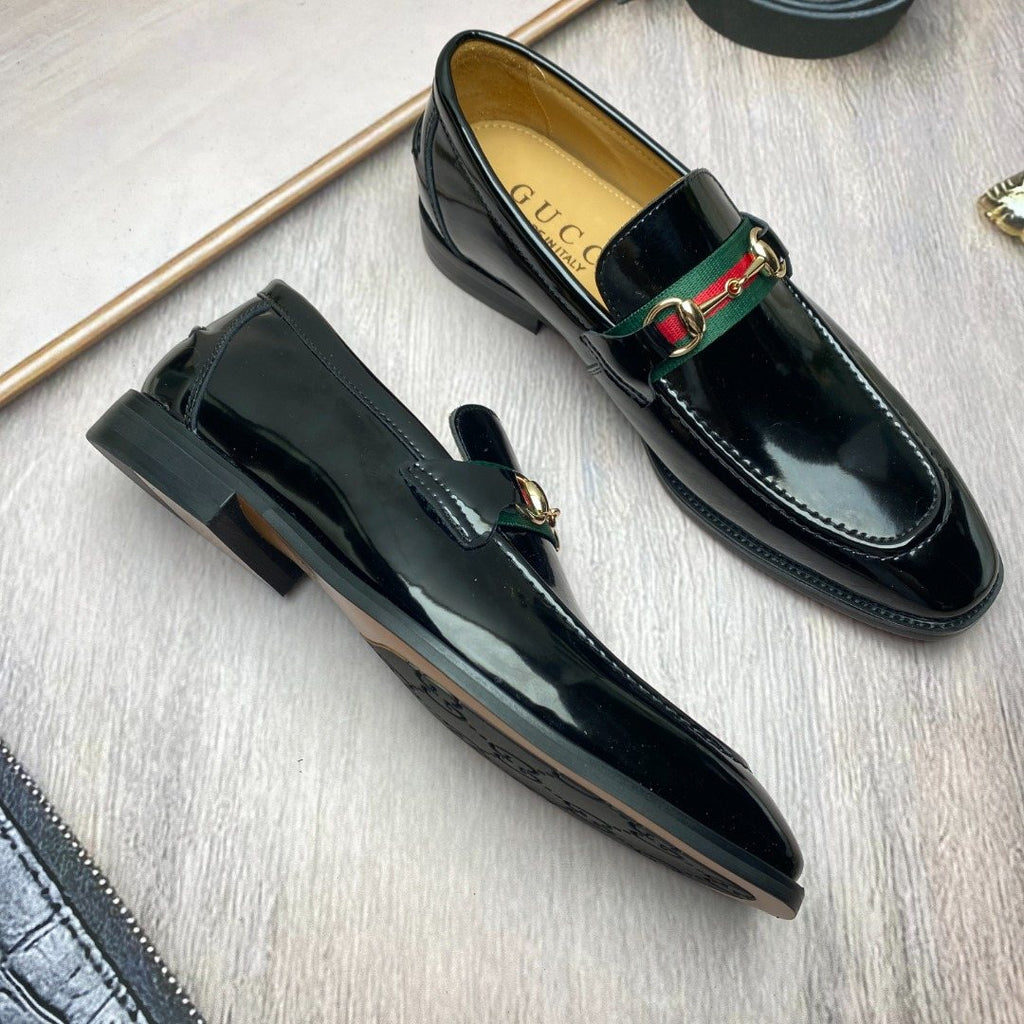 Gucci Black Patent Web Stripe Loafers — side