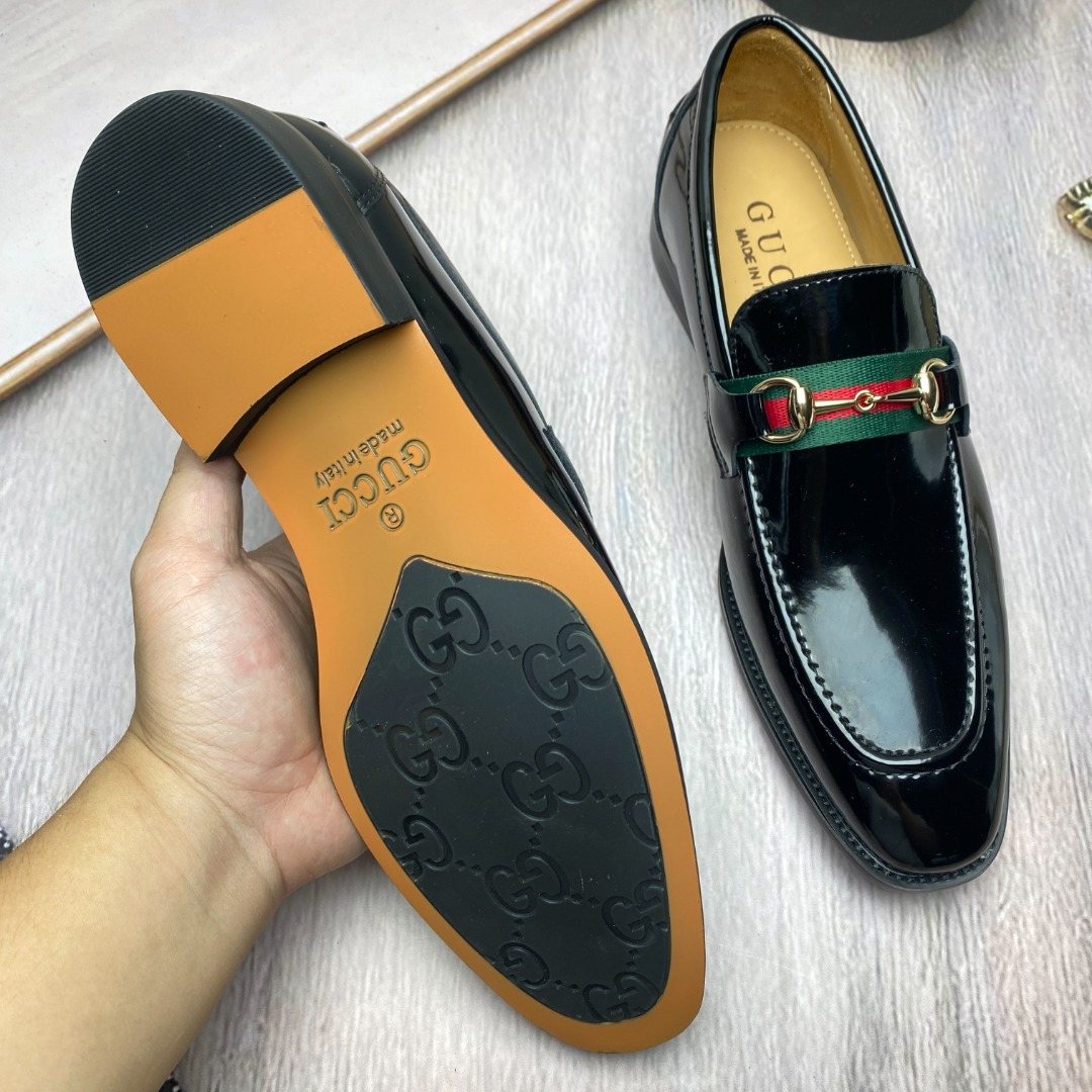 Gucci Black Patent Web Stripe Loafers — side