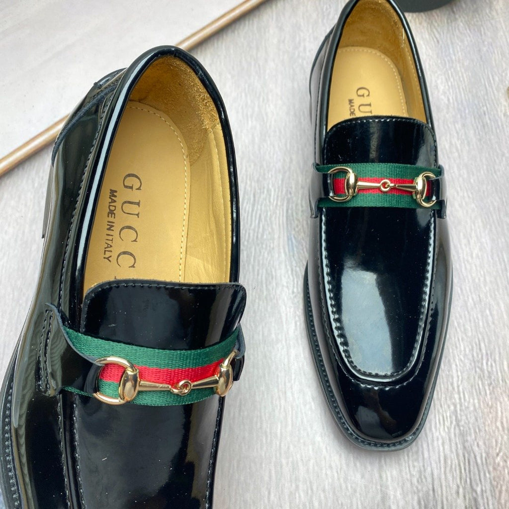 Gucci Black Patent Web Stripe Loafers — detail