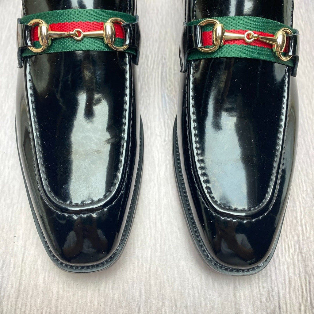 Gucci Black Patent Web Stripe Loafers — detail