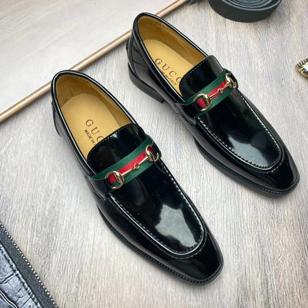 Gucci Black Patent Web Stripe Loafers — front