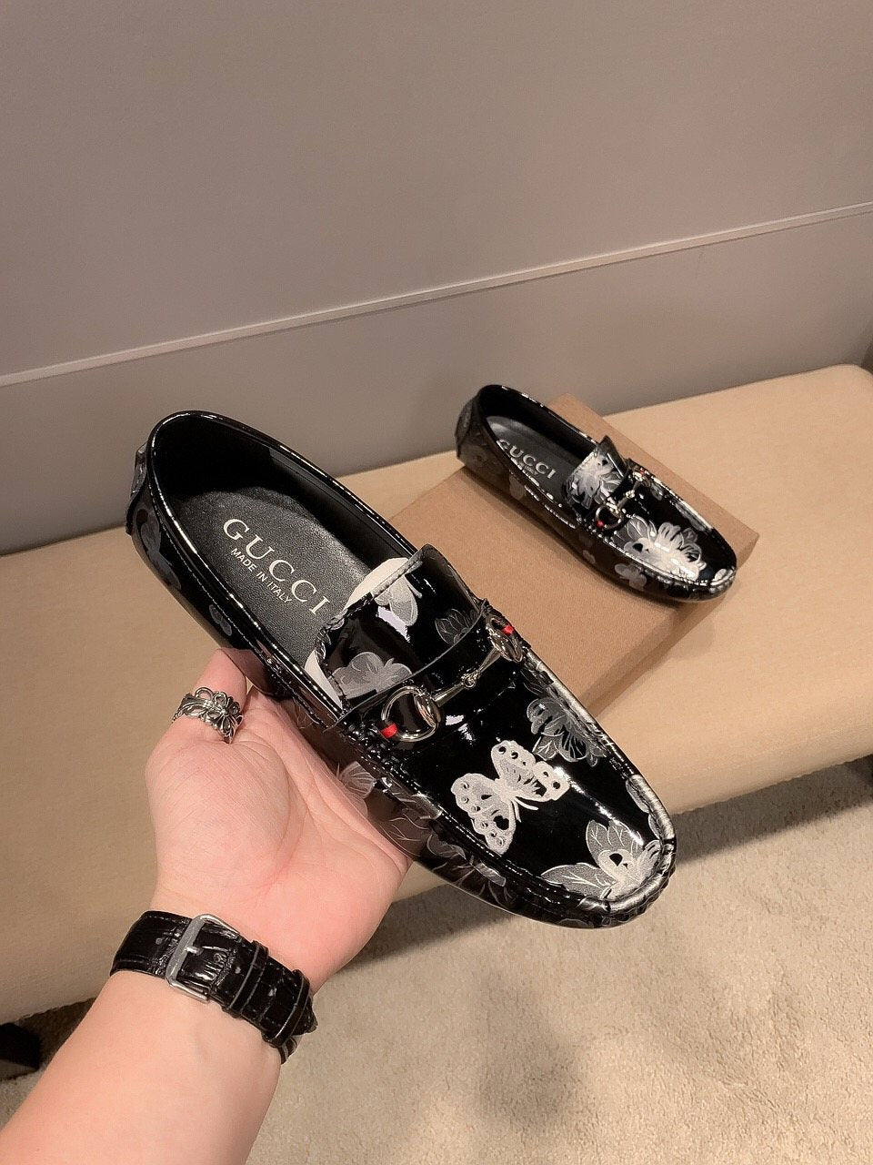 Gucci Butterfly Print Loafers — model