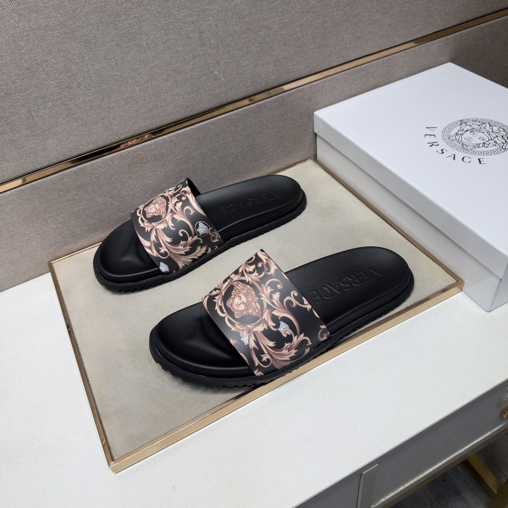Versace Black Ornamental Strap Slide Sandals — front