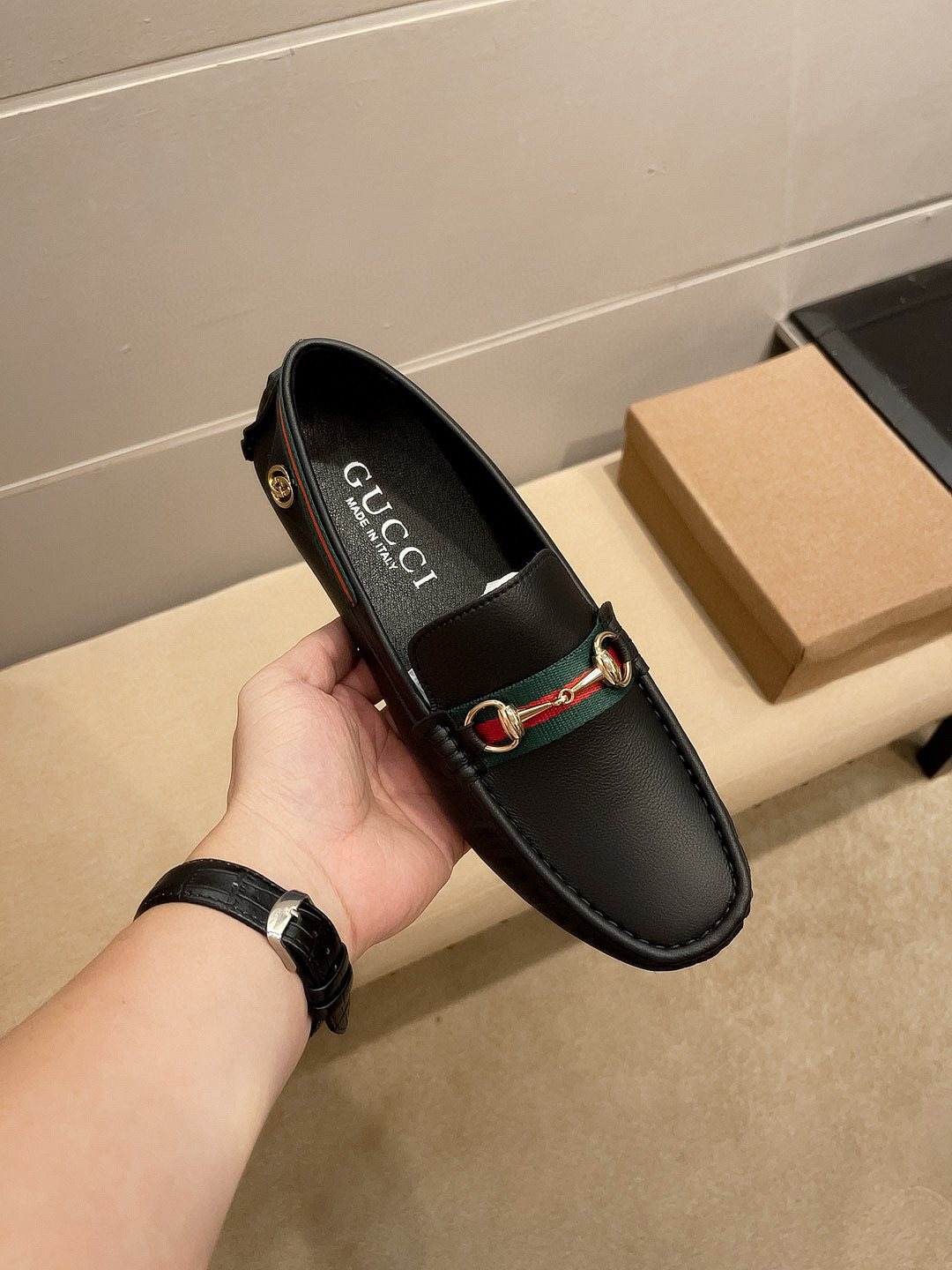 Gucci Black Web Buckle Loafers — front