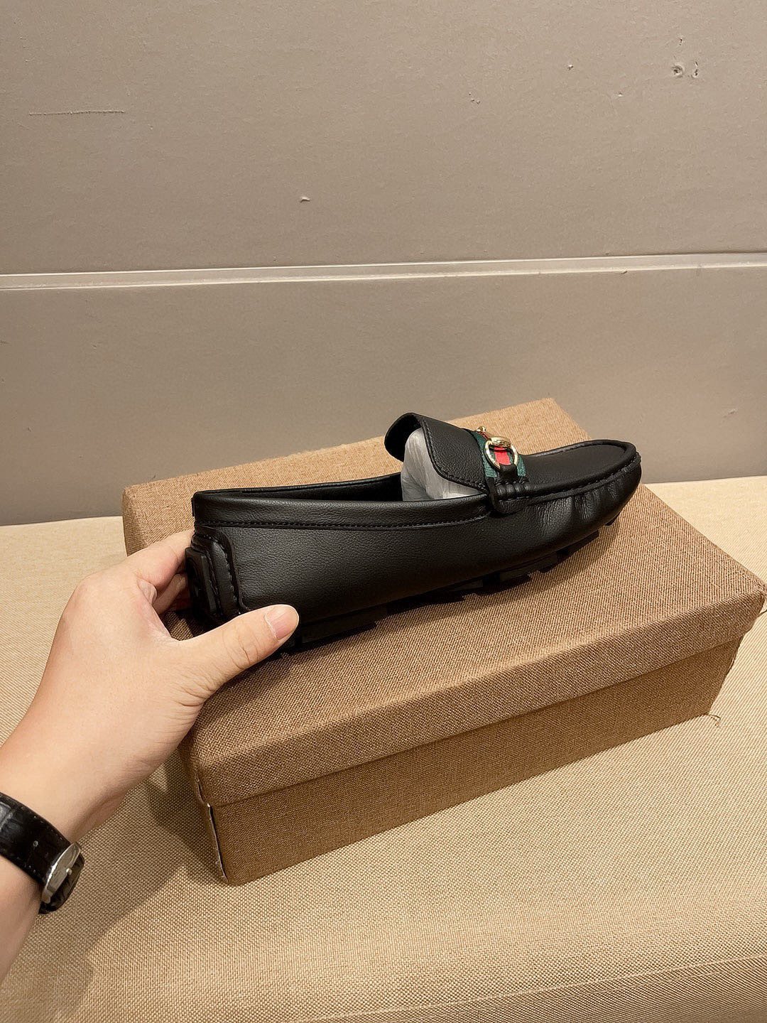 Gucci Black Web Buckle Loafers — side