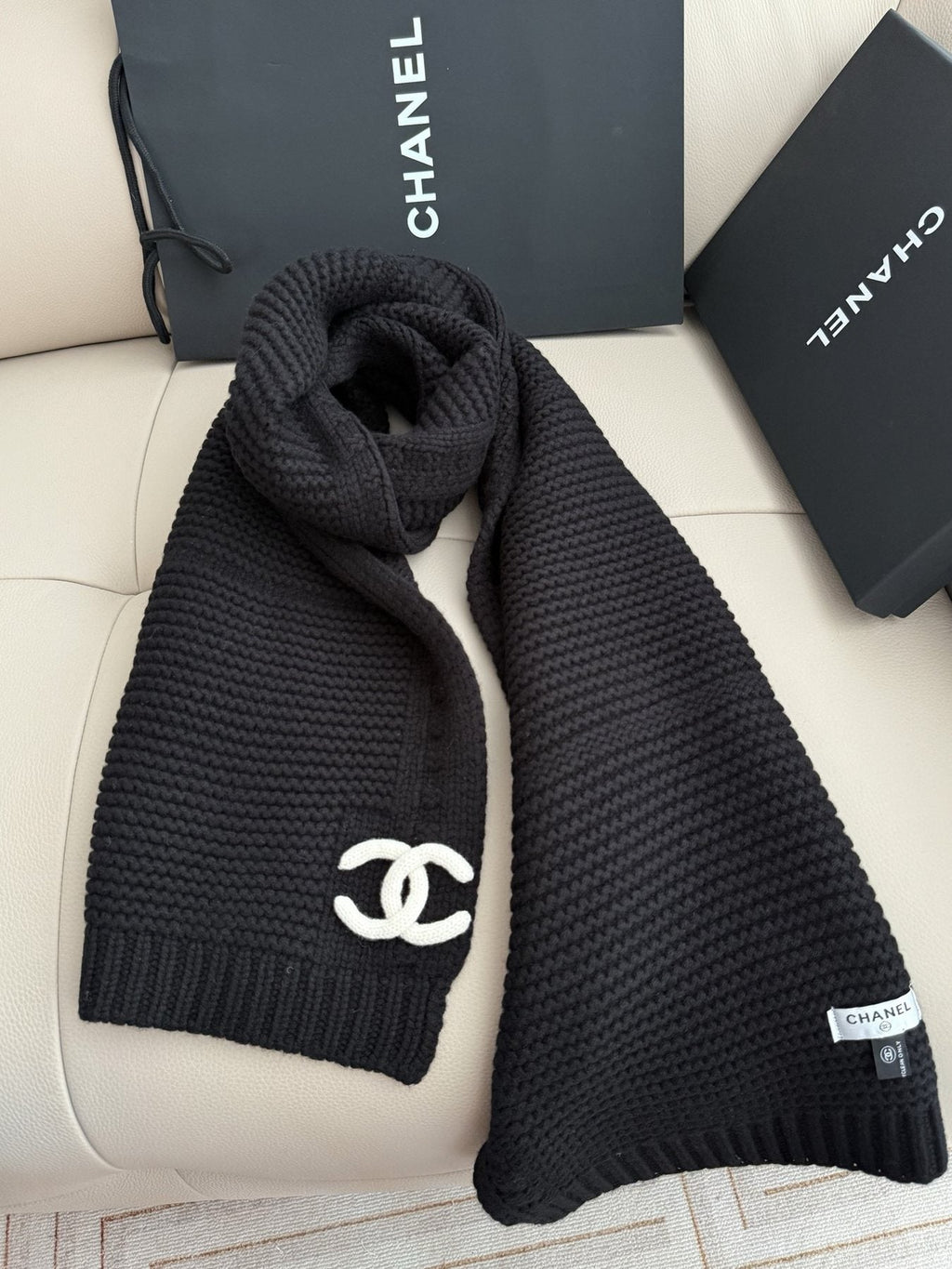 Chanel Black Rib-Knit Logo Scarf — front