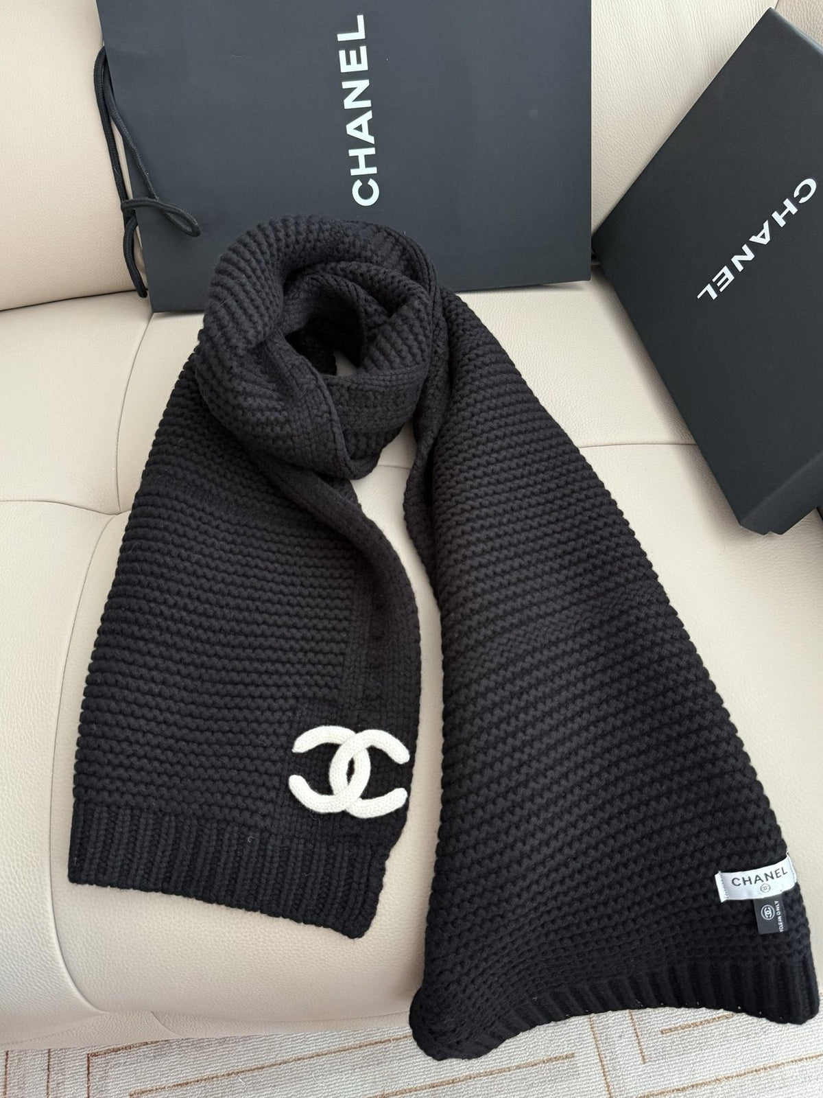 Chanel Black Rib-Knit Logo Scarf — front