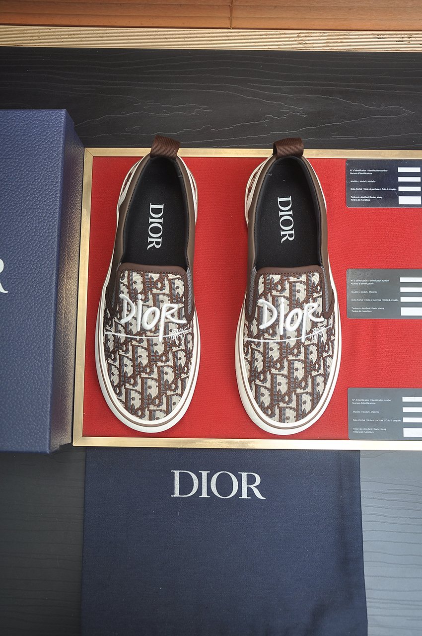 Dior Taupe Patterned Slip-On Sneakers — front