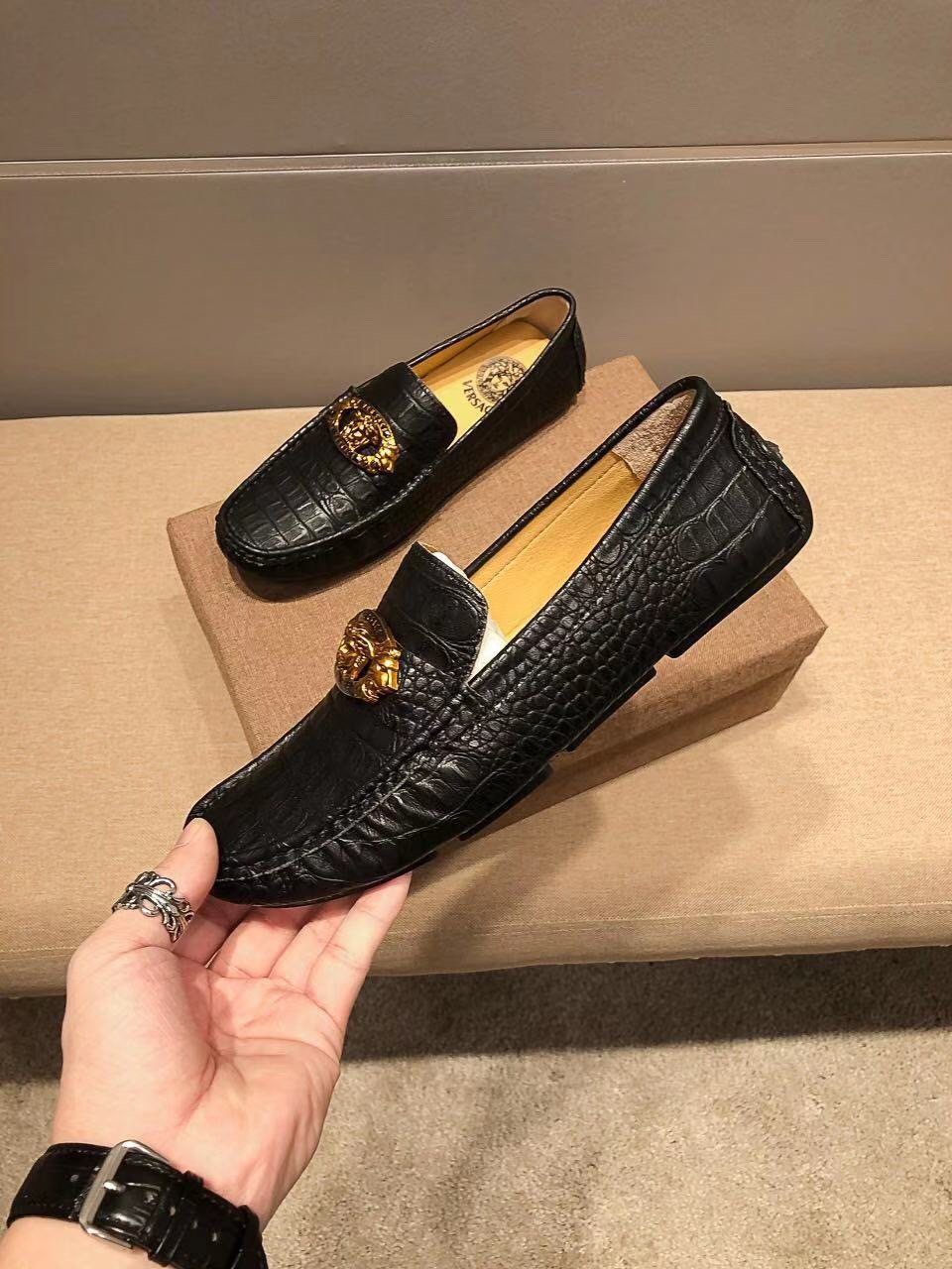 Versace Black Textured Loafers — model