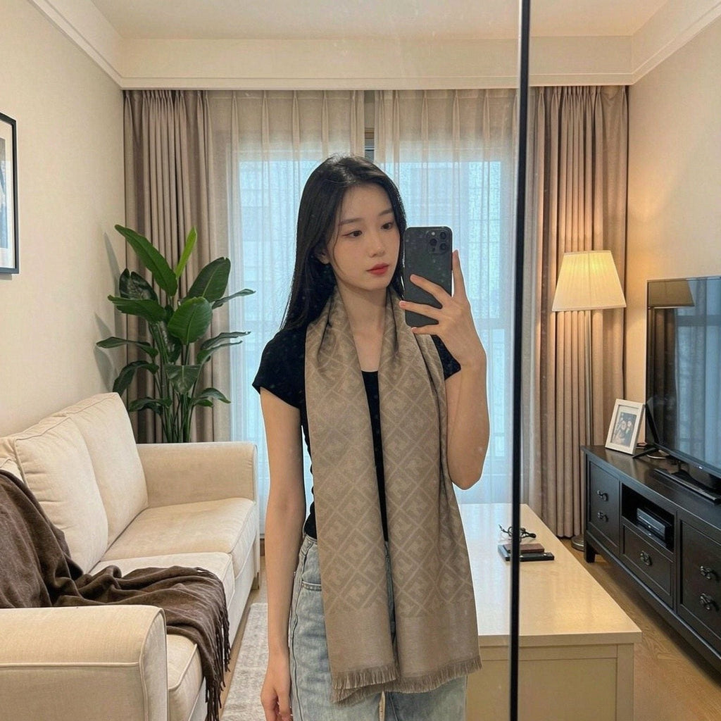 Taupe Beige Geometric Fringed Scarf — model