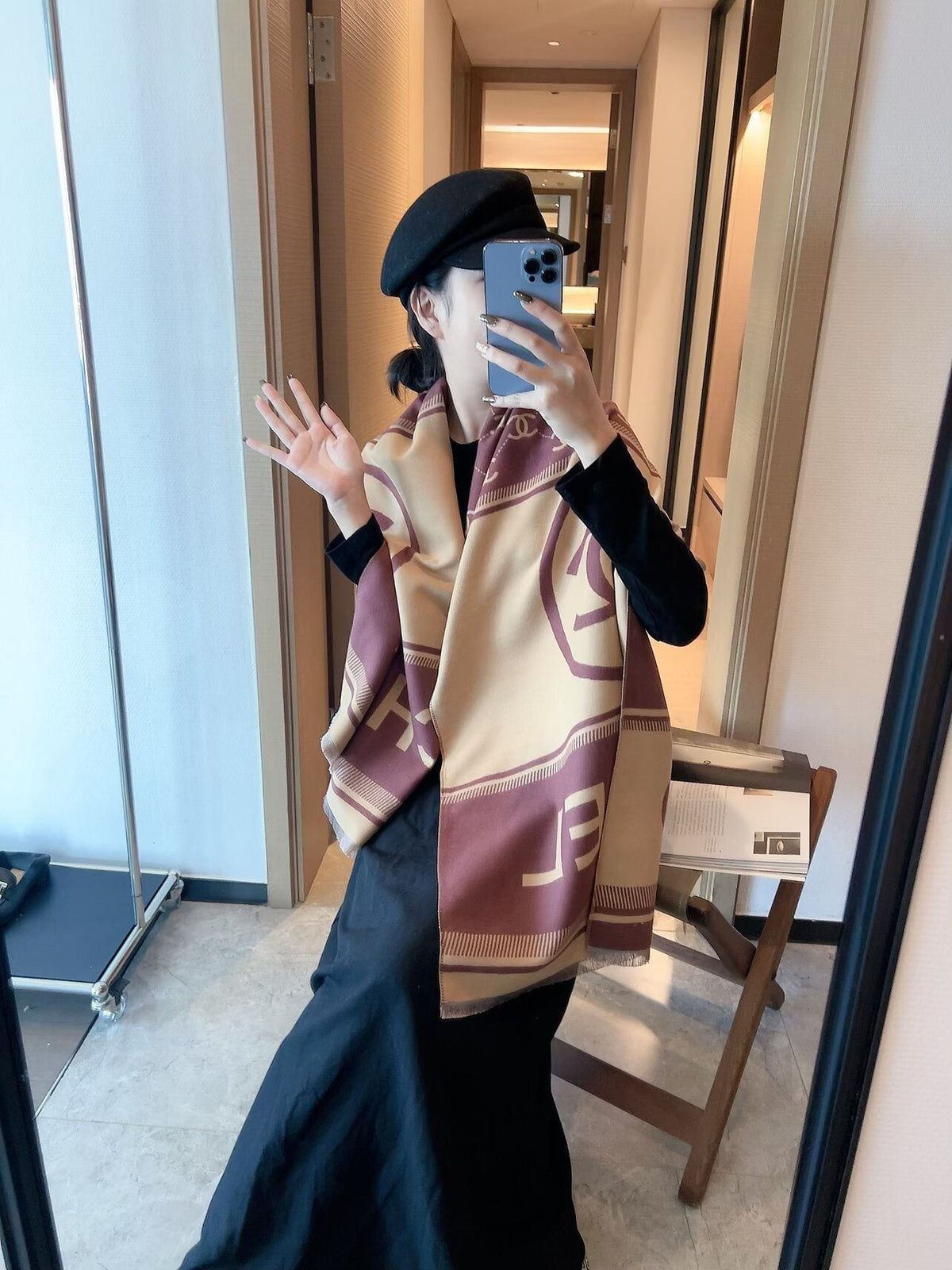 Chanel Burgundy Beige Motif Scarf — model