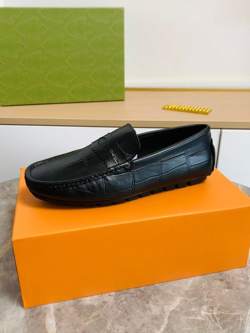 Louis Vuitton Black Leather Slip-On Loafers — side
