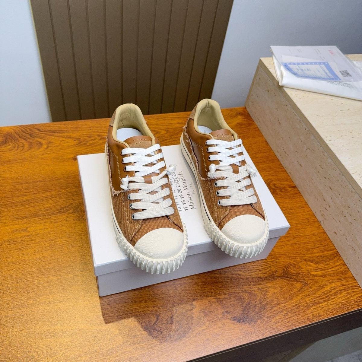 Maison Margiela Brown Off-White Low-Top Sneakers — front