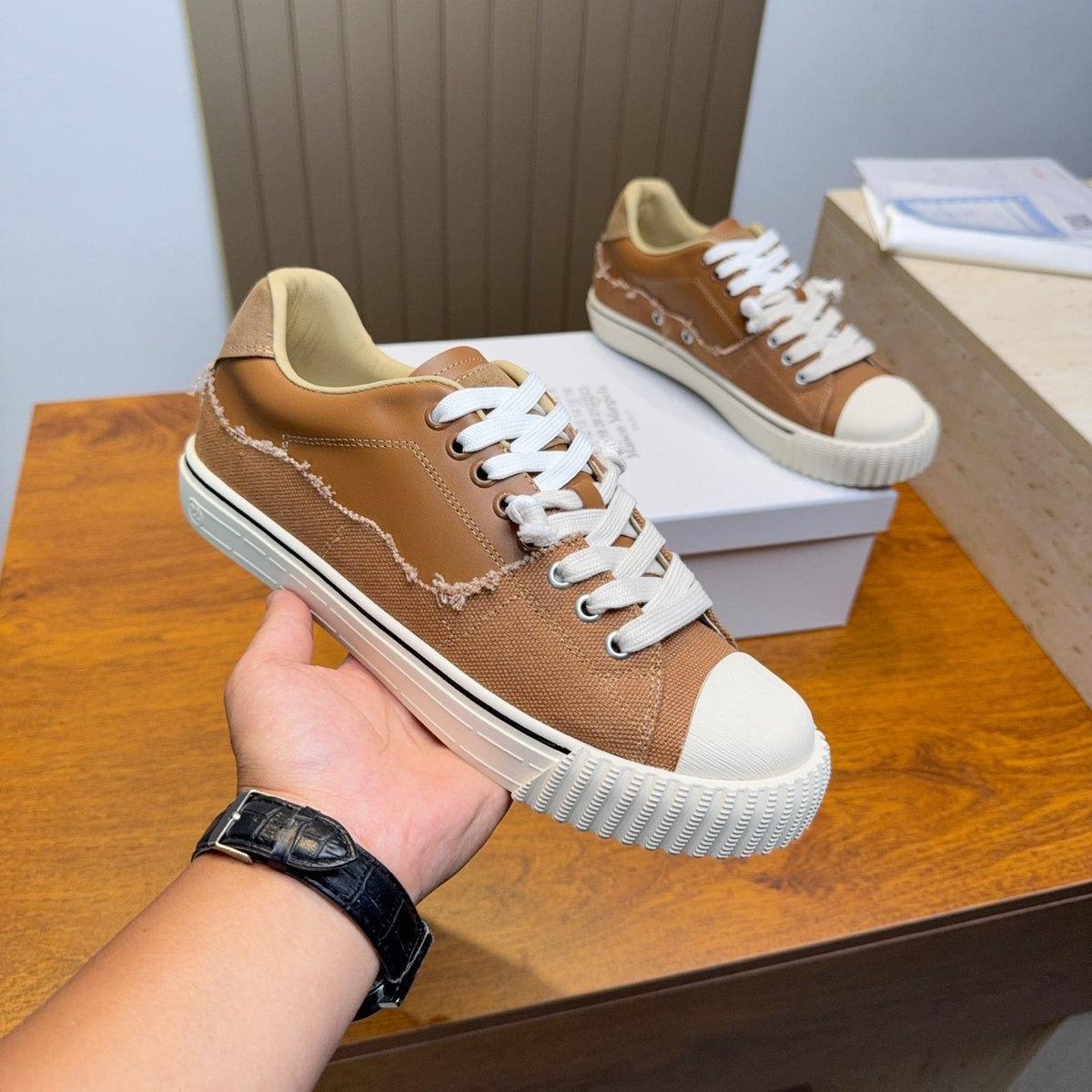 Maison Margiela Brown Off-White Low-Top Sneakers — side